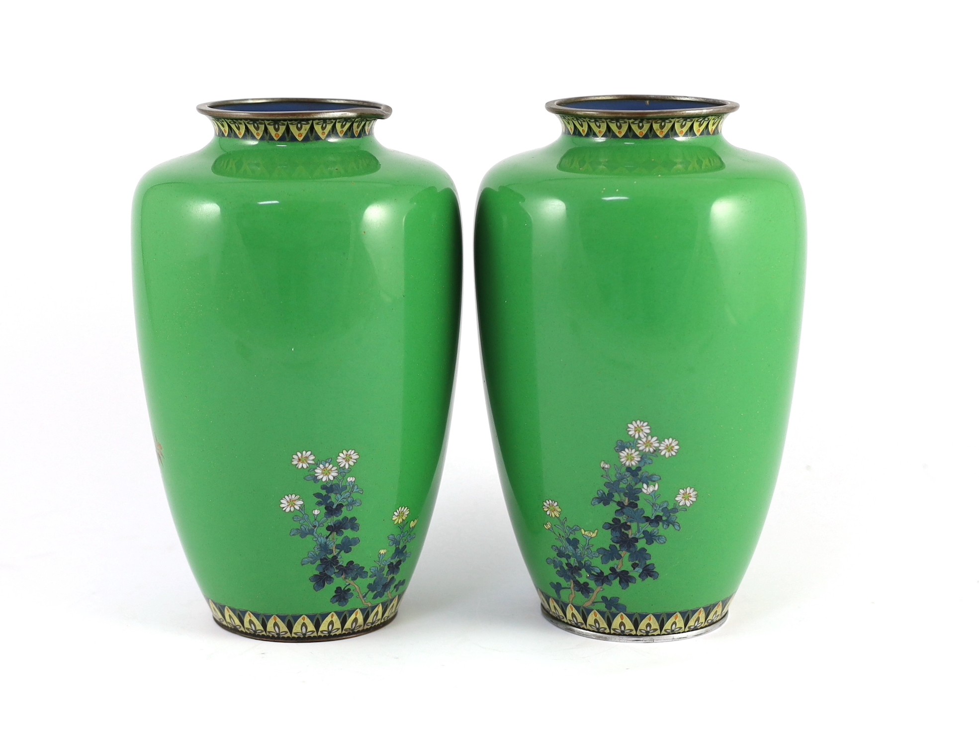 A pair of Japanese cloisonné enamel vases, early 20th century, 21.3cm high, one damaged